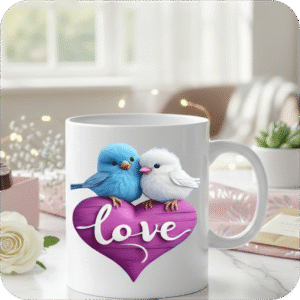 Adorable Love Birds Coffee Mug - Cute White & Blue Bird Couple on Purple Heart - Romantic Valentine's Day Gift for Wife, Husband, or Partner