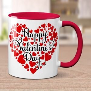 Happy Valentine’s Day Heart Design Ceramic Coffee Mug | Red Handle & Inner Color Mug | Romantic Gift for Girlfriend, Boyfriend, Husband & Wife