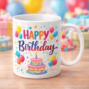 Happy Birthday Printed Ceramic Coffee Mug | Colourful Balloon & Cake Design | Birthday Gift for Kids, Friends, Brother, Sister & Loved Ones