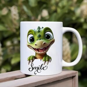 Cute Smiling Dinosaur Cartoon Printed Ceramic Coffee Mug | Smile Quote Tea Cup | Fun Gift for Kids, Friends & Office
